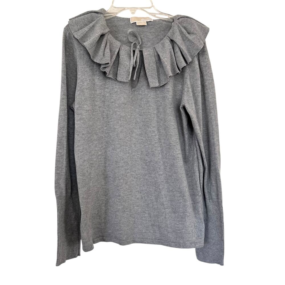 MICHAEL Michael Kors Gray Ruffle Pleated Split Tie Neck Sweater Size Large